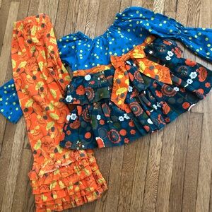 2pc Jelly the Pug fall outfit size 6x peasant top & pants blue orange ruffles